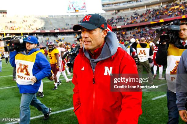 Nebraska Cornhuskers head coach Mike Riley walks off the field after the Big Ten Conference game between the Nebraska Cornhuskers and the Minnesota...