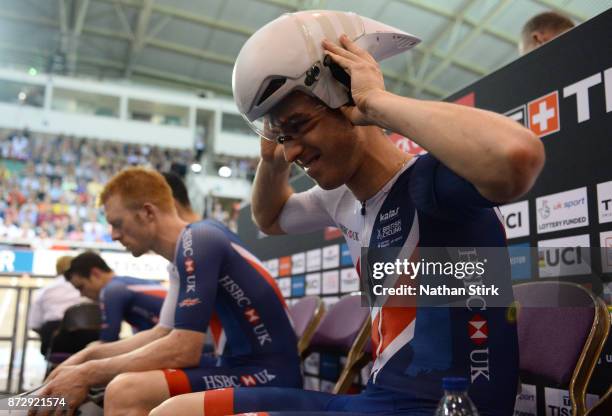 Edward Clancy of Great Britain before the Mens Final Pursuit during the TISSOT UCI Track Cycling World Cup at National Cycling Centre at National...