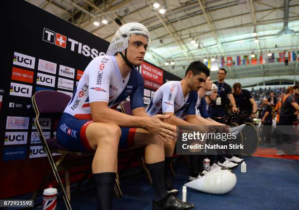Steven Burke of Great Britain before he competes in the Mens Final Pursuit during the TISSOT UCI Track Cycling World Cup at National Cycling Centre...