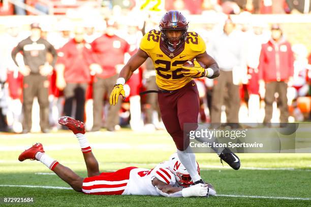 Minnesota Golden Gophers running back Kobe McCrary breaks a tackle in the 3rd quarter during the Big Ten Conference game between the Nebraska...