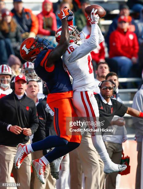 Rashard Fant of the Indiana Hoosiers intercepts the ball in front of Ricky Smalling of the Illinois Fighting Illini during the game at Memorial...