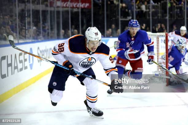 Jesse Puljujarvi of the Edmonton Oilers chases the puck in the third period against the New York Rangers during their game at Madison Square Garden...