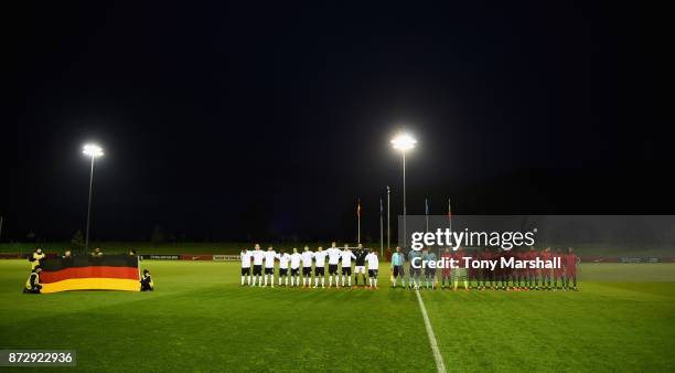 The Players of Germany and Portugal line up for the National Anthems during the International Match between Germany U17 and Portugal U17 at St...