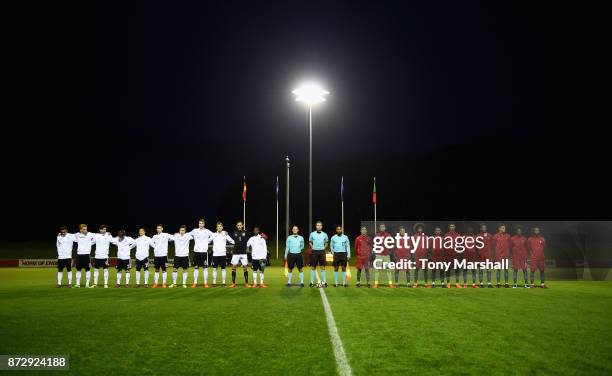 The Players of Germany and Portugal line up for the National Anthems during the International Match between Germany U17 and Portugal U17 at St...