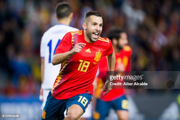 Jordi Alba of Spain celebrates after scoring goal during the international friendly match between Spain and Costa Rica at La Rosaleda Stadium on...