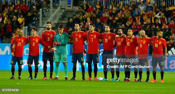 Spain's midfielder David Silva, Spain's defender Dani Carvajal, Spain's defender Gerard Pique, Spain's goalkeeper Kepa Arrizabalaga, Spain's...