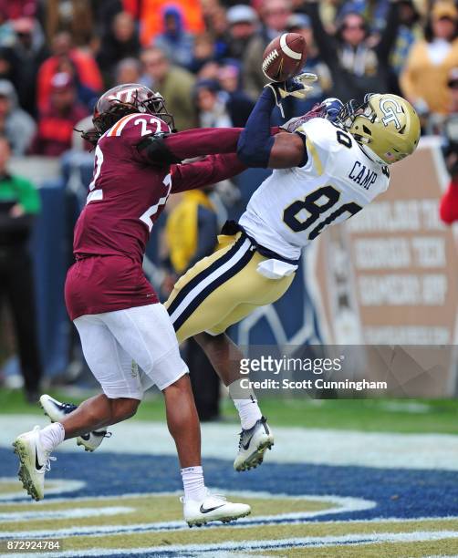 Terrell Edmunds of the Virginia Tech Hokies breaks up a pass against Jalen Camp of the Georgia Tech Yellow Jackets on November 11, 2017 at Bobby Dodd...