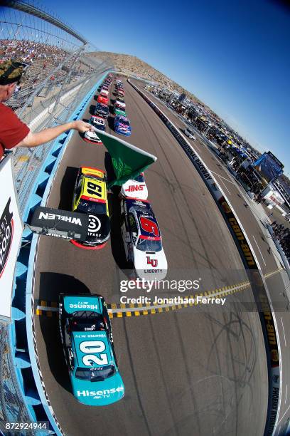 Erik Jones, driver of the Hisense Toyota, takes the green flag to start the NASCAR Xfinity Series Ticket Galaxy 200 at Phoenix International Raceway...