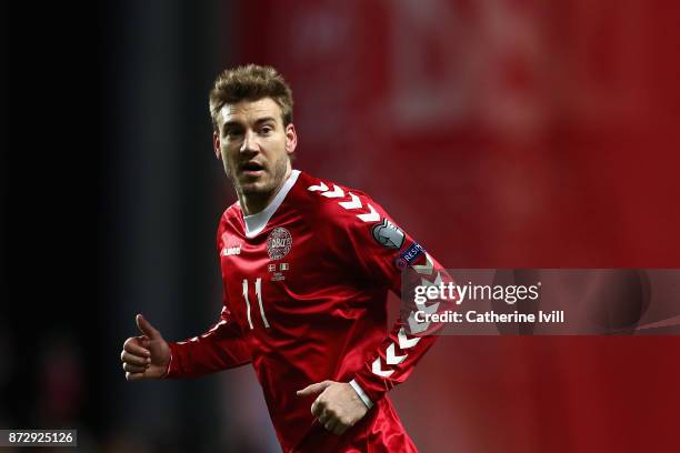 Nicklas Bendtner of Denmark looks on during the FIFA 2018 World Cup Qualifier Play-Off: First Leg between Denmark and Republic of Ireland at Telia...