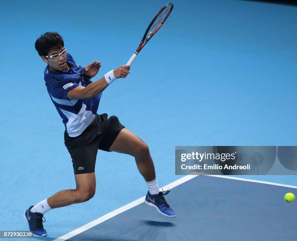 Hyeon Chung of South Korea returns a forehand in his match against Andrey Rublev of Russia during the mens final on day 5 of the Next Gen ATP Finals...