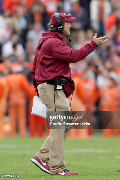 Head coach Jimbo Fisher of the Florida State Seminoles reacts on the sidelines during their game against the Clemson Tigers at Memorial Stadium on...