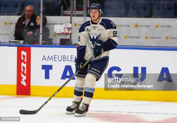 Simon Lefevre of the Sherbrooke Phoenix skates prior to his game against the Quebec Remparts at the Centre Videotron on October 29, 2017 in Quebec...