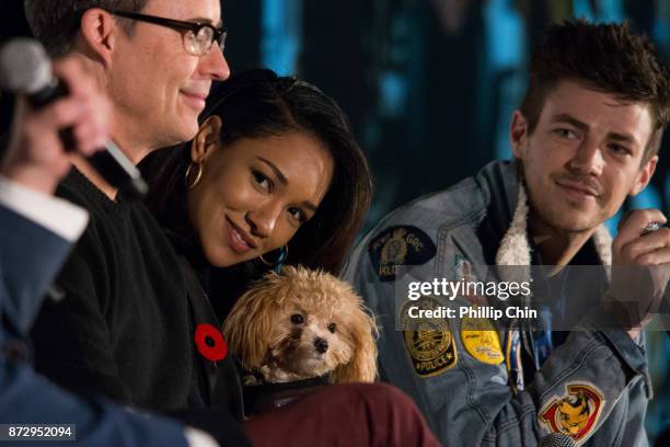 Actors Tom Cavanagh, Candice Patton and Grant Gustin attend 'The Flash" Q&A at Fan Expo Vancouver in the Vancouver Convention Centre on November 11,...