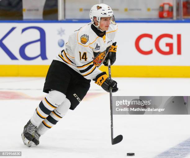 Edouard Ouellet of the Victoriaville Tigres skates prior to his game against the Quebec Remparts at the Centre Videotron on October 12, 2017 in...