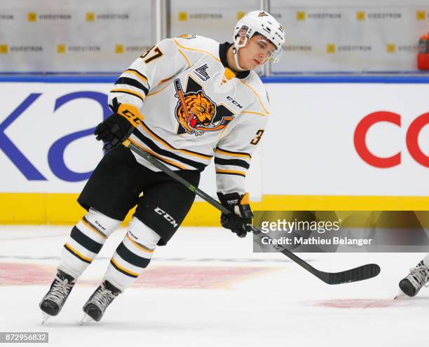 Ivan Korosenkov of the Victoriaville Tigres skates prior to his game against the Quebec Remparts at the Centre Videotron on October 12, 2017 in...