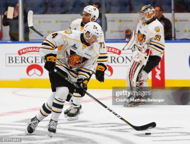 Jerome Gravel of the Victoriaville Tigres skates prior to his game against the Quebec Remparts at the Centre Videotron on October 12, 2017 in Quebec...