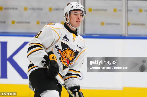 Jeremy Cote of the Victoriaville Tigres skates prior to his game against the Quebec Remparts at the Centre Videotron on October 12, 2017 in Quebec...