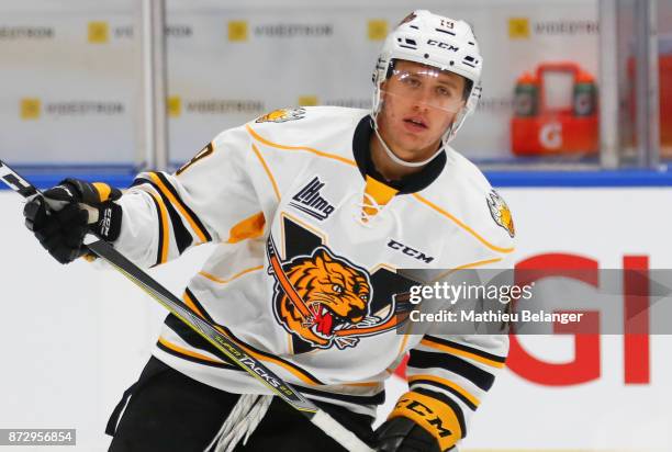 Felix Boivin of the Victoriaville Tigres skates prior to his game against the Quebec Remparts at the Centre Videotron on October 12, 2017 in Quebec...