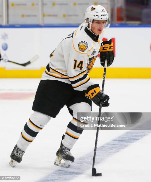 Edouard Ouellet of the Victoriaville Tigres skates prior to his game against the Quebec Remparts at the Centre Videotron on October 12, 2017 in...