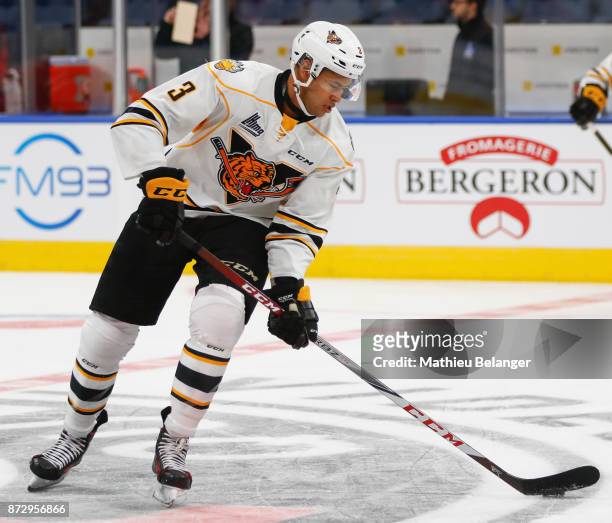 Andrew Smith of the Victoriaville Tigres skates prior to his game against the Quebec Remparts at the Centre Videotron on October 12, 2017 in Quebec...