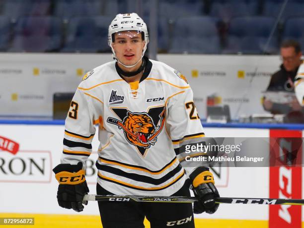 Jimmy Huntington of the Victoriaville Tigres skates prior to his game against the Quebec Remparts at the Centre Videotron on October 12, 2017 in...