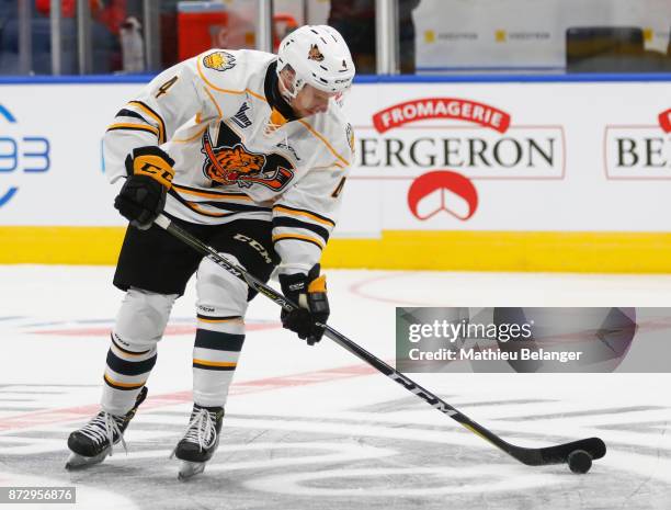 Jerome Gravel the Victoriaville Tigres skates prior to his game against the Quebec Remparts at the Centre Videotron on October 12, 2017 in Quebec...