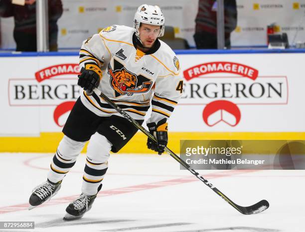 Jerome Gravel of the Victoriaville Tigres skates prior to his game against the Quebec Remparts at the Centre Videotron on October 12, 2017 in Quebec...
