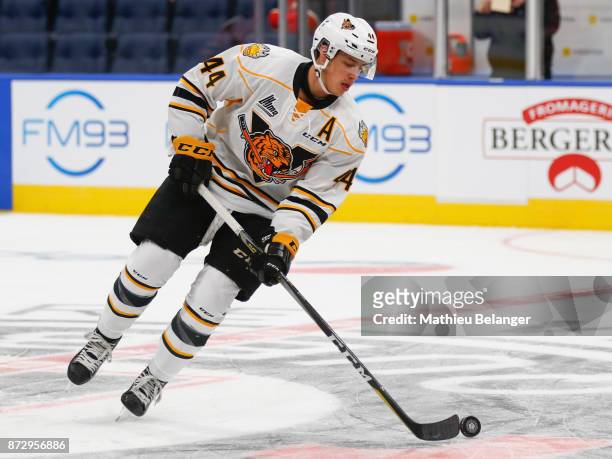Maxime Comtois of the Victoriaville Tigres skates prior to his game against the Quebec Remparts at the Centre Videotron on October 12, 2017 in Quebec...