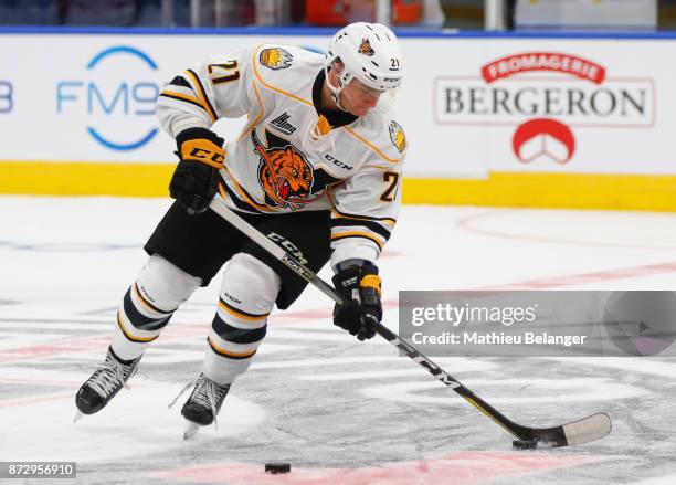Alexandre Grise of the Victoriaville Tigres skates prior to his game against the Quebec Remparts at the Centre Videotron on October 12, 2017 in...