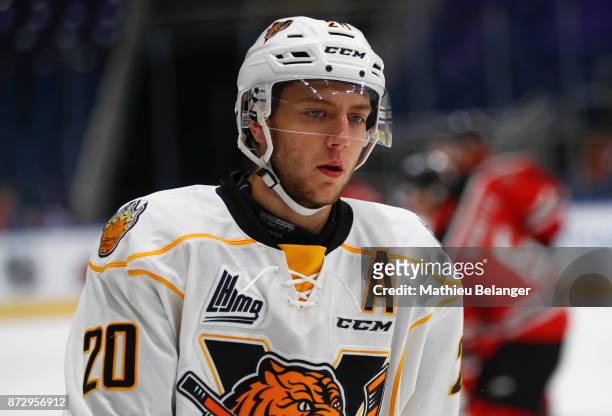 Mathieu Sevigny of the Victoriaville Tigres skates prior to his game against the Quebec Remparts at the Centre Videotron on October 12, 2017 in...