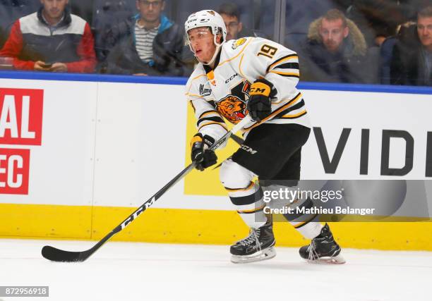 Felix Boivin of the Victoriaville Tigres skates prior to his game against the Quebec Remparts at the Centre Videotron on October 12, 2017 in Quebec...