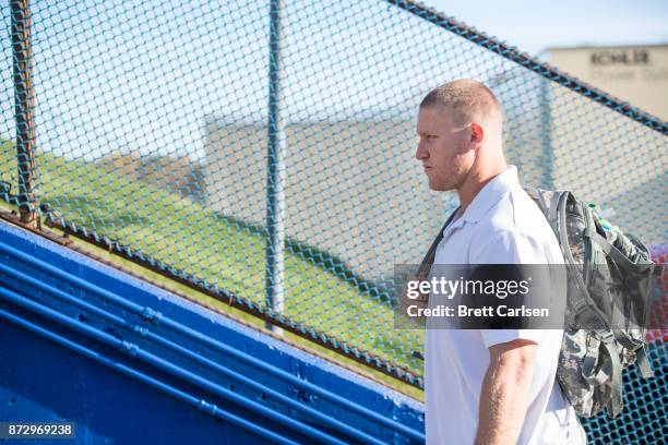 Nick O'Leary of the Buffalo Bills walks into the stadium before the game against the Tampa Bay Buccaneers at New Era Field on October 22, 2017 in...