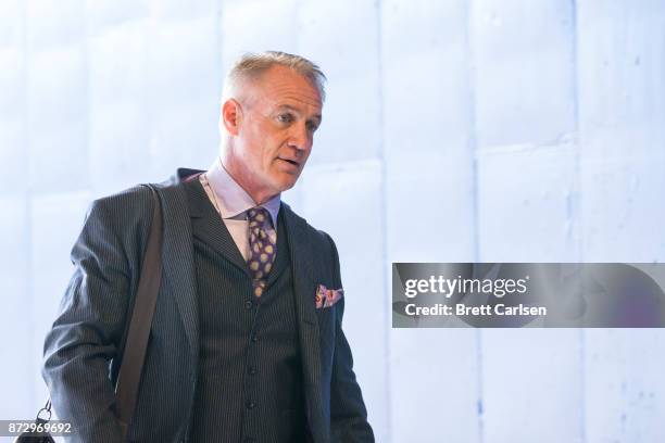 Analyst Daryl Johnston enters the stadium before the game between the Buffalo Bills and the Tampa Bay Buccaneers at New Era Field on October 22, 2017...