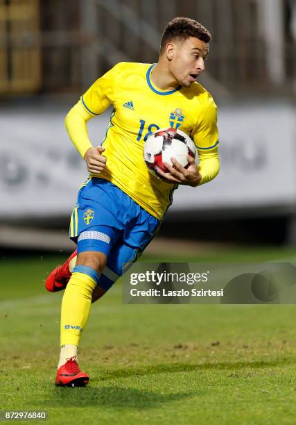 Jordan Larsson of Sweden U21 runs with the ball after his equalizer during the UEFA Under 21 Euro 2019 Qualifier match between Hungary U21 and Sweden...