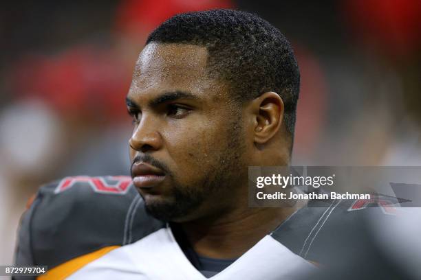 Doug Martin of the Tampa Bay Buccaneers reacts during a game against the New Orleans Saints at the Mercedes-Benz Superdome on November 5, 2017 in New...