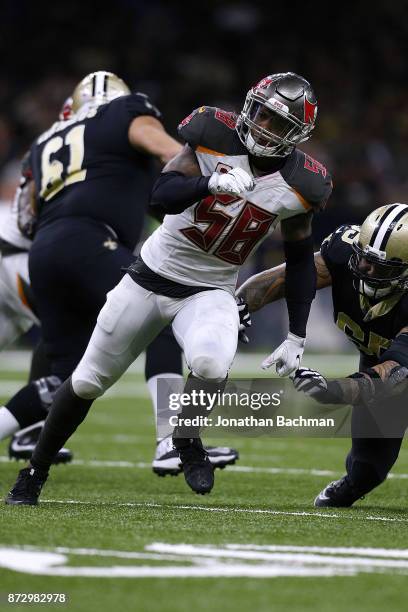 Kwon Alexander of the Tampa Bay Buccaneers defends during a game against the New Orleans Saints at the Mercedes-Benz Superdome on November 5, 2017 in...