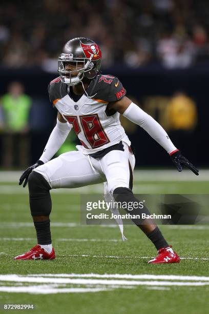 Vernon Hargreaves of the Tampa Bay Buccaneers defends during a game against the New Orleans Saints at the Mercedes-Benz Superdome on November 5, 2017...