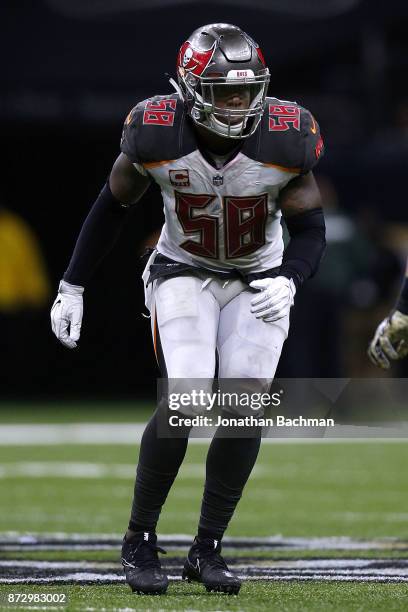 Kwon Alexander of the Tampa Bay Buccaneers defends during a game against the New Orleans Saints at the Mercedes-Benz Superdome on November 5, 2017 in...