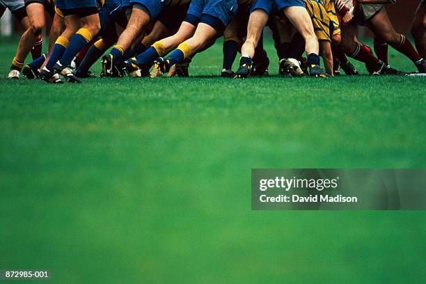 rugby union, players in scrum, focus on legs - campo de rugby fotografías e imágenes de stock