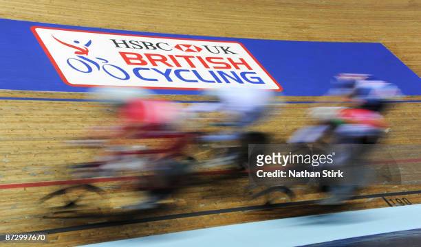 Riders compete during the TISSOT UCI Track Cycling World Cup at National Cycling Centre at National Cycling Centre on November 11, 2017 in...