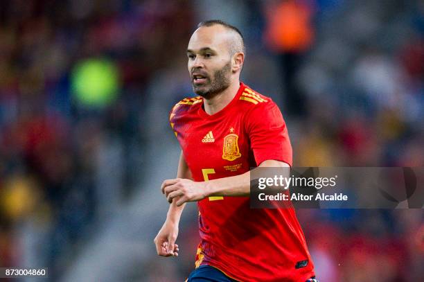 Andres Iniesta of Spain reacts during the international friendly match between Spain and Costa Rica at La Rosaleda Stadium on November 11, 2017 in...