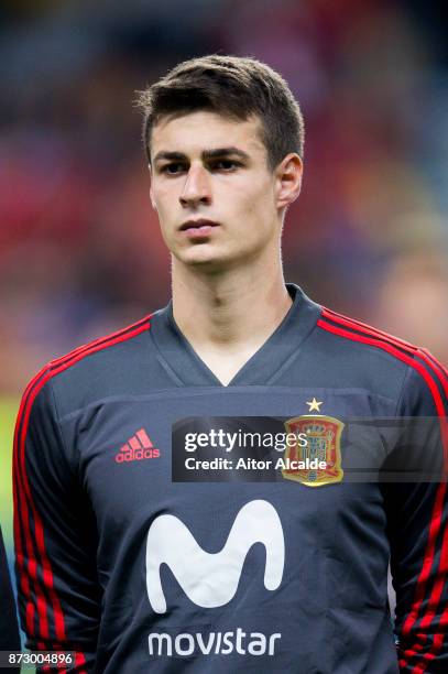 Kepa Arrizabalaga of Spain looks on prior to the start the international friendly match between Spain and Costa Rica at La Rosaleda Stadium on...