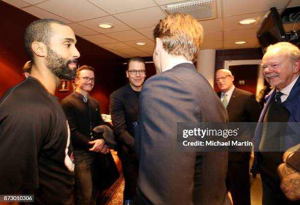 Gabriel Landeskog of the Colorado Avalanche meets with Prince Daniel, Duke of Vastergotland, along with Bill Daly, Thomas Johansson and Jonny Oduya...