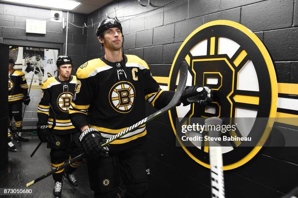 Zdeno Chara of the Boston Bruins heads out to the ice for the game against the Toronto Maple Leafs at the TD Garden on November 11, 2017 in Boston,...