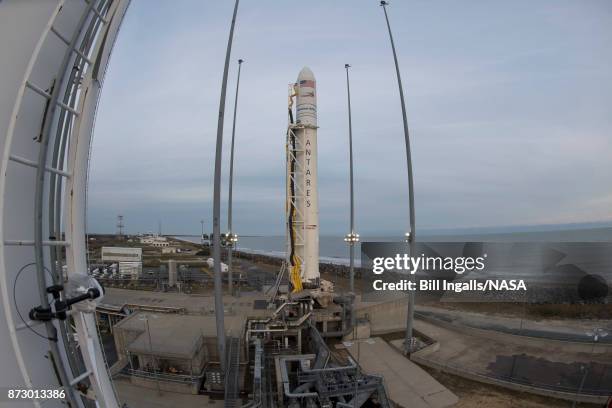 In this handout provided by the National Aeronautics and Space Administration , a fisheye lens view of the Orbital ATK Antares rocket, with the...