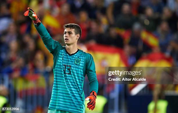 Kepa Arrizabalaga of Spain reacts during the international friendly match between Spain and Costa Rica at La Rosaleda Stadium on November 11, 2017 in...