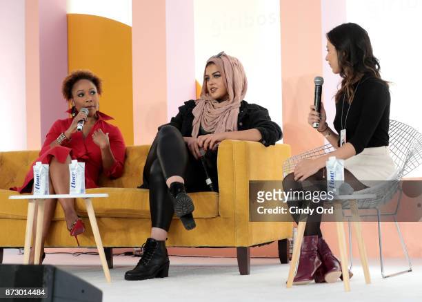 Senior Vice President Ukonwa Ojo, Muslim Girl Founder Amani Al-Khatahtbeh, and Girlboss Editor Deena Drewis speak onstage at Girlboss Rally Hosted By...