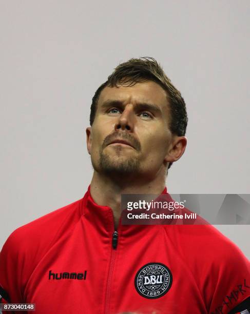 Andreas Bjelland of Denmark during the FIFA 2018 World Cup Qualifier Play-Off: First Leg between Denmark and Republic of Ireland at Telia Parken on...