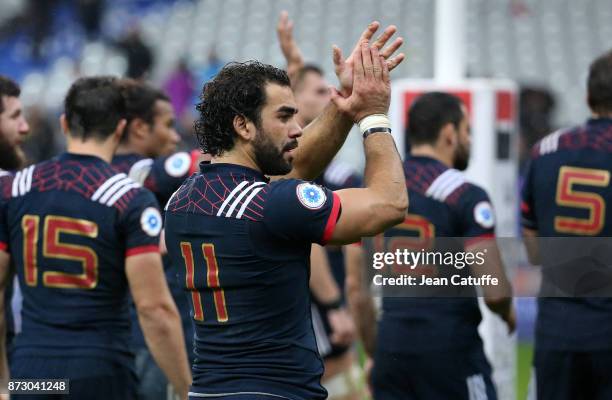 Yoann Huget of France salutes the fans following the autumn international rugby match between France and New Zealand at Stade de France on November...