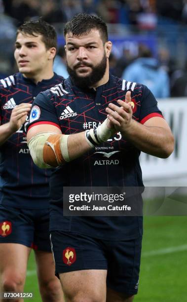 Rabah Slimani of France salutes the fans following the autumn international rugby match between France and New Zealand at Stade de France on November...